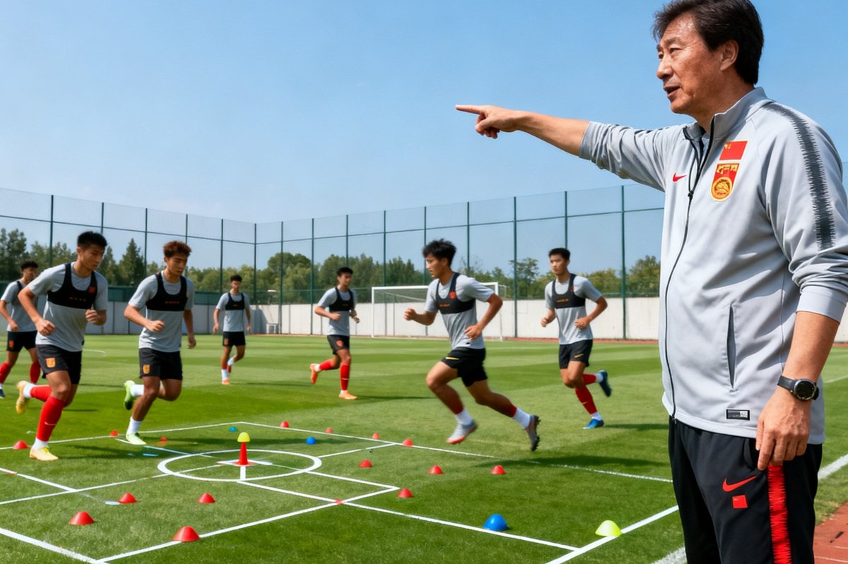 中国国家男子足球队在训练基地进行战术演练，主教练在场边认真指导球员跑位的训练场景