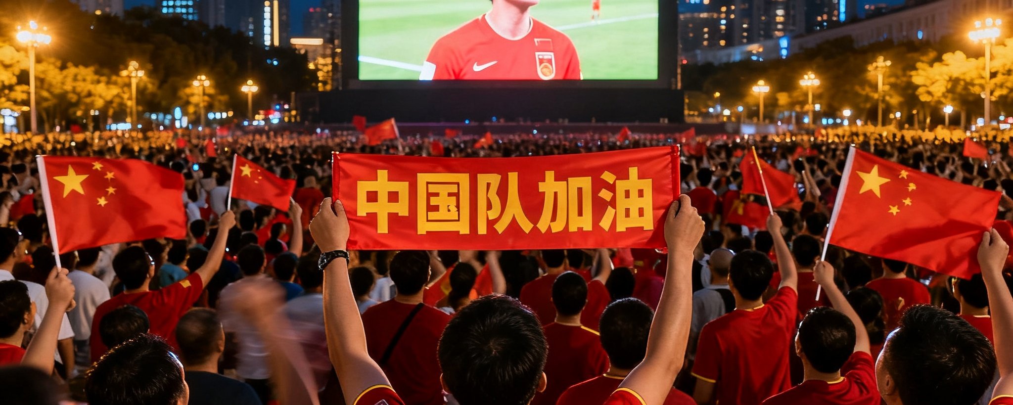 深夜城市广场大屏幕前聚集了上千名中国球迷，他们身着红色球衣为中国队加油助威的壮观夜景